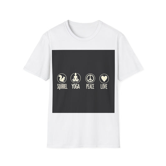 Unisex Softstyle T-Shirt with Squirrel Yoga, Peace and Love Design - Perfect for Gift, Yoga Enthusiasts, Casual Wear, Eco-Friendly Fashion