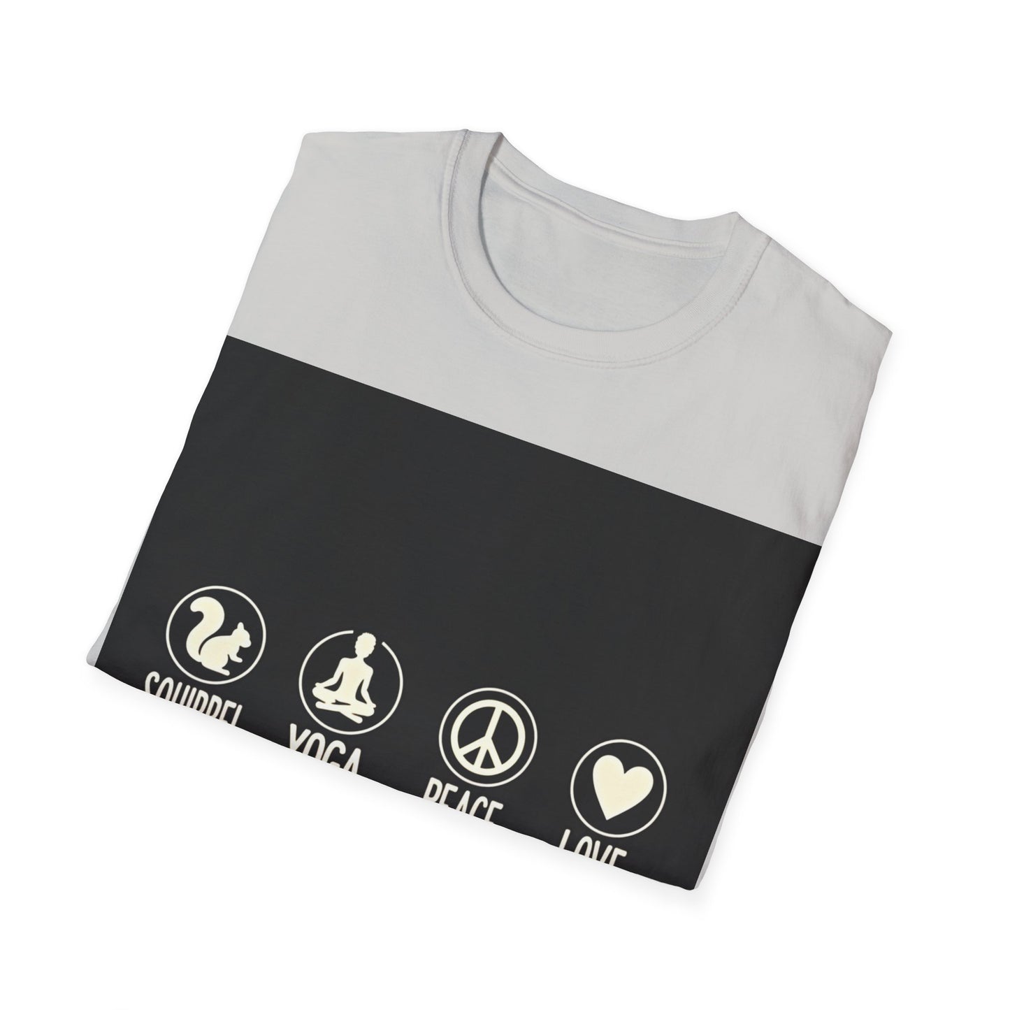 Unisex Softstyle T-Shirt with Squirrel Yoga, Peace and Love Design - Perfect for Gift, Yoga Enthusiasts, Casual Wear, Eco-Friendly Fashion