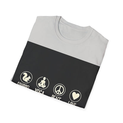Unisex Softstyle T-Shirt with Squirrel Yoga, Peace and Love Design - Perfect for Gift, Yoga Enthusiasts, Casual Wear, Eco-Friendly Fashion