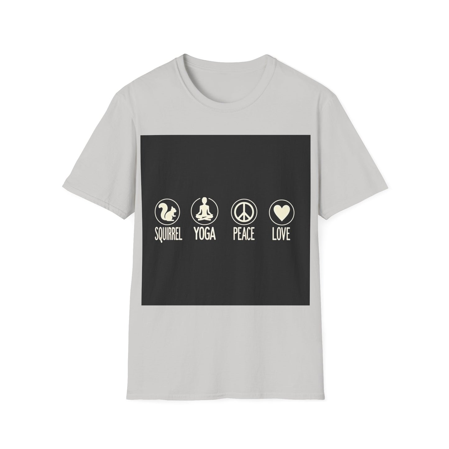 Unisex Softstyle T-Shirt with Squirrel Yoga, Peace and Love Design - Perfect for Gift, Yoga Enthusiasts, Casual Wear, Eco-Friendly Fashion