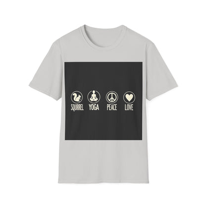 Unisex Softstyle T-Shirt with Squirrel Yoga, Peace and Love Design - Perfect for Gift, Yoga Enthusiasts, Casual Wear, Eco-Friendly Fashion
