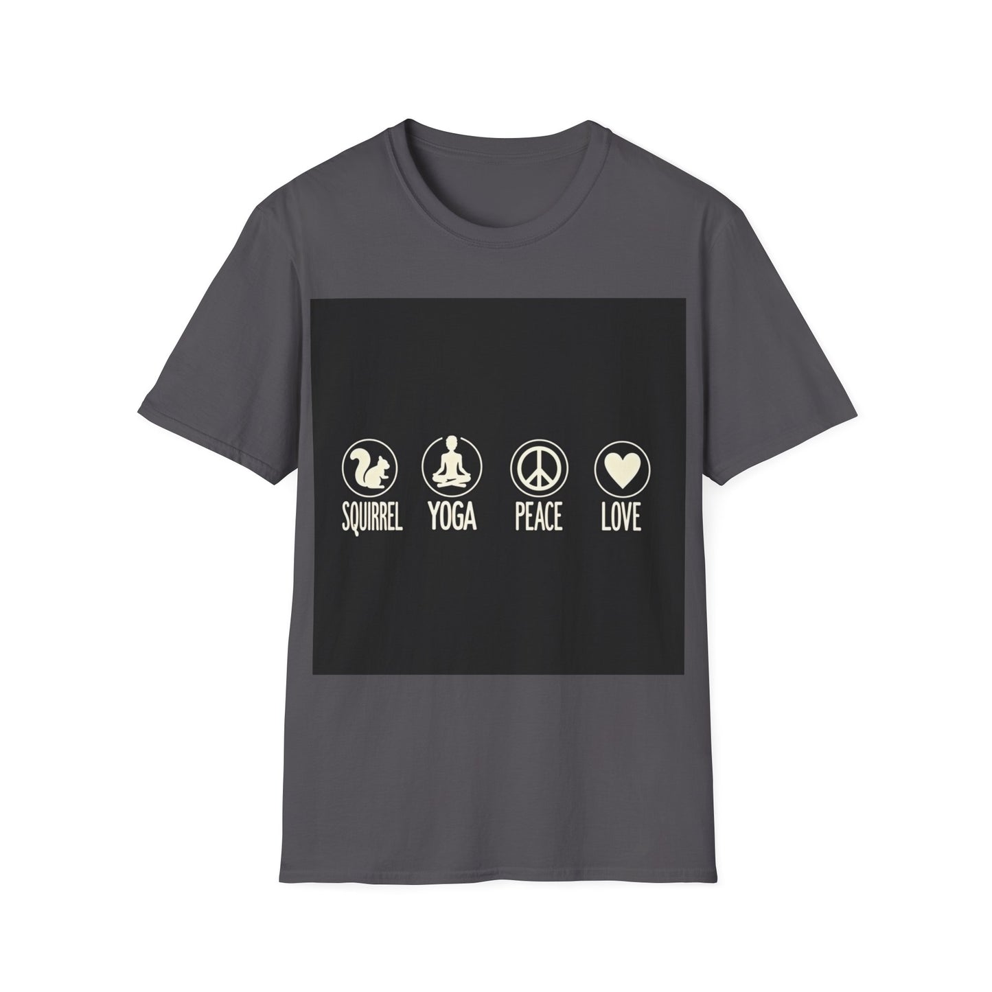 Unisex Softstyle T-Shirt with Squirrel Yoga, Peace and Love Design - Perfect for Gift, Yoga Enthusiasts, Casual Wear, Eco-Friendly Fashion