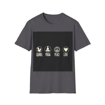 Unisex Softstyle T-Shirt with Squirrel Yoga, Peace and Love Design - Perfect for Gift, Yoga Enthusiasts, Casual Wear, Eco-Friendly Fashion