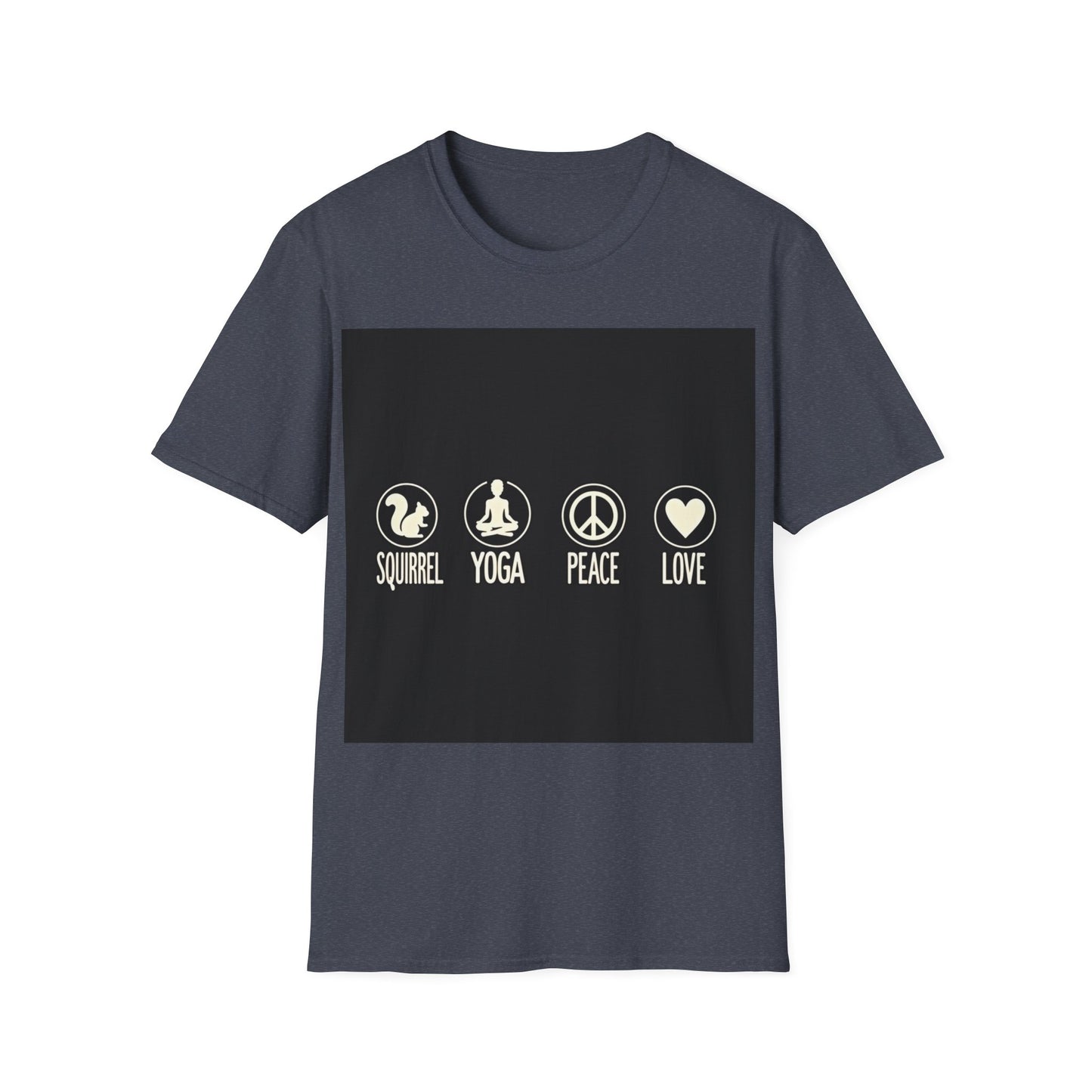Unisex Softstyle T-Shirt with Squirrel Yoga, Peace and Love Design - Perfect for Gift, Yoga Enthusiasts, Casual Wear, Eco-Friendly Fashion