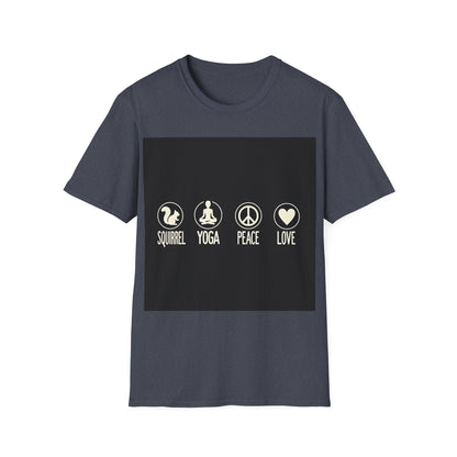 Unisex Softstyle T-Shirt with Squirrel Yoga, Peace and Love Design - Perfect for Gift, Yoga Enthusiasts, Casual Wear, Eco-Friendly Fashion