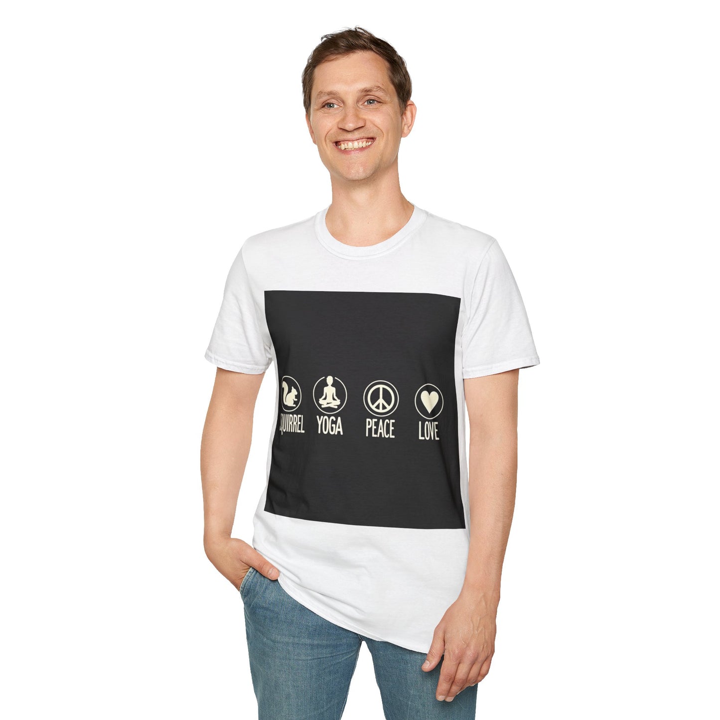Unisex Softstyle T-Shirt with Squirrel Yoga, Peace and Love Design - Perfect for Gift, Yoga Enthusiasts, Casual Wear, Eco-Friendly Fashion