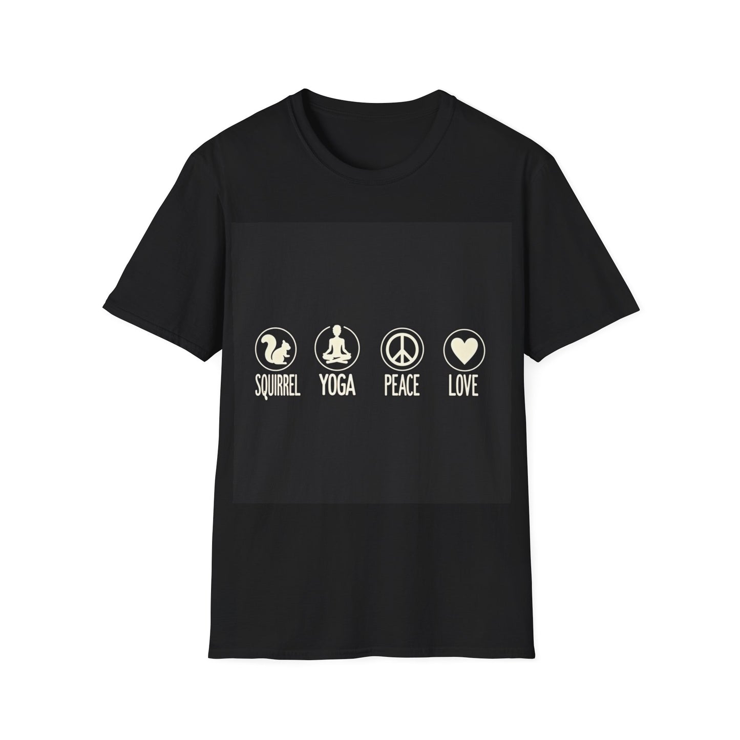 Unisex Softstyle T-Shirt with Squirrel Yoga, Peace and Love Design - Perfect for Gift, Yoga Enthusiasts, Casual Wear, Eco-Friendly Fashion