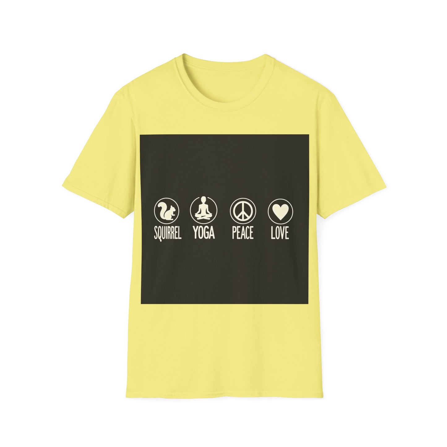Unisex Softstyle T-Shirt with Squirrel Yoga, Peace and Love Design - Perfect for Gift, Yoga Enthusiasts, Casual Wear, Eco-Friendly Fashion