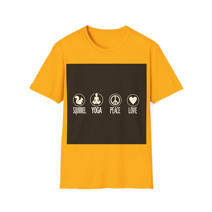 Unisex Softstyle T-Shirt with Squirrel Yoga, Peace and Love Design - Perfect for Gift, Yoga Enthusiasts, Casual Wear, Eco-Friendly Fashion