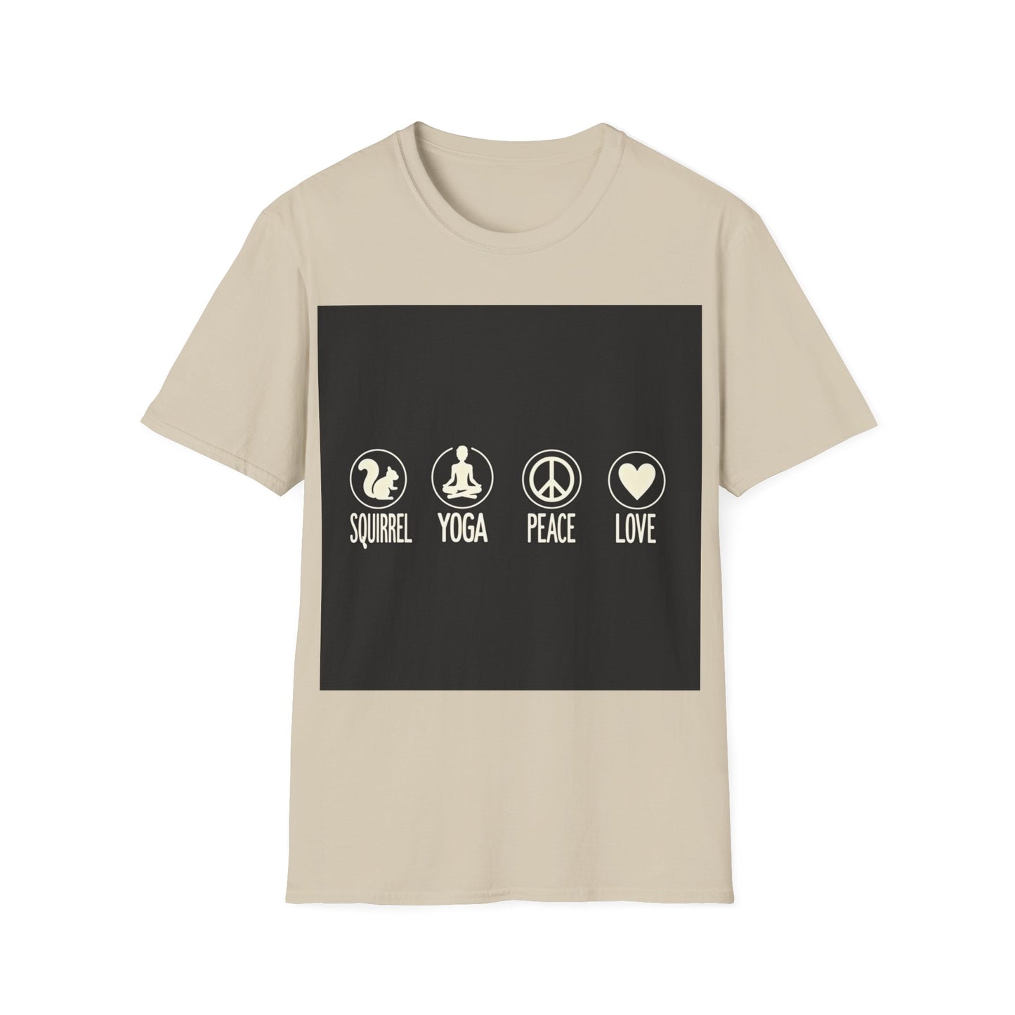 Unisex Softstyle T-Shirt with Squirrel Yoga, Peace and Love Design - Perfect for Gift, Yoga Enthusiasts, Casual Wear, Eco-Friendly Fashion