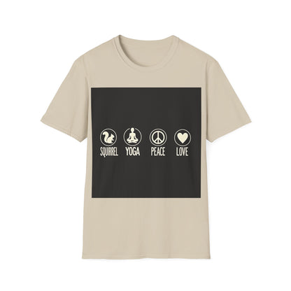 Unisex Softstyle T-Shirt with Squirrel Yoga, Peace and Love Design - Perfect for Gift, Yoga Enthusiasts, Casual Wear, Eco-Friendly Fashion