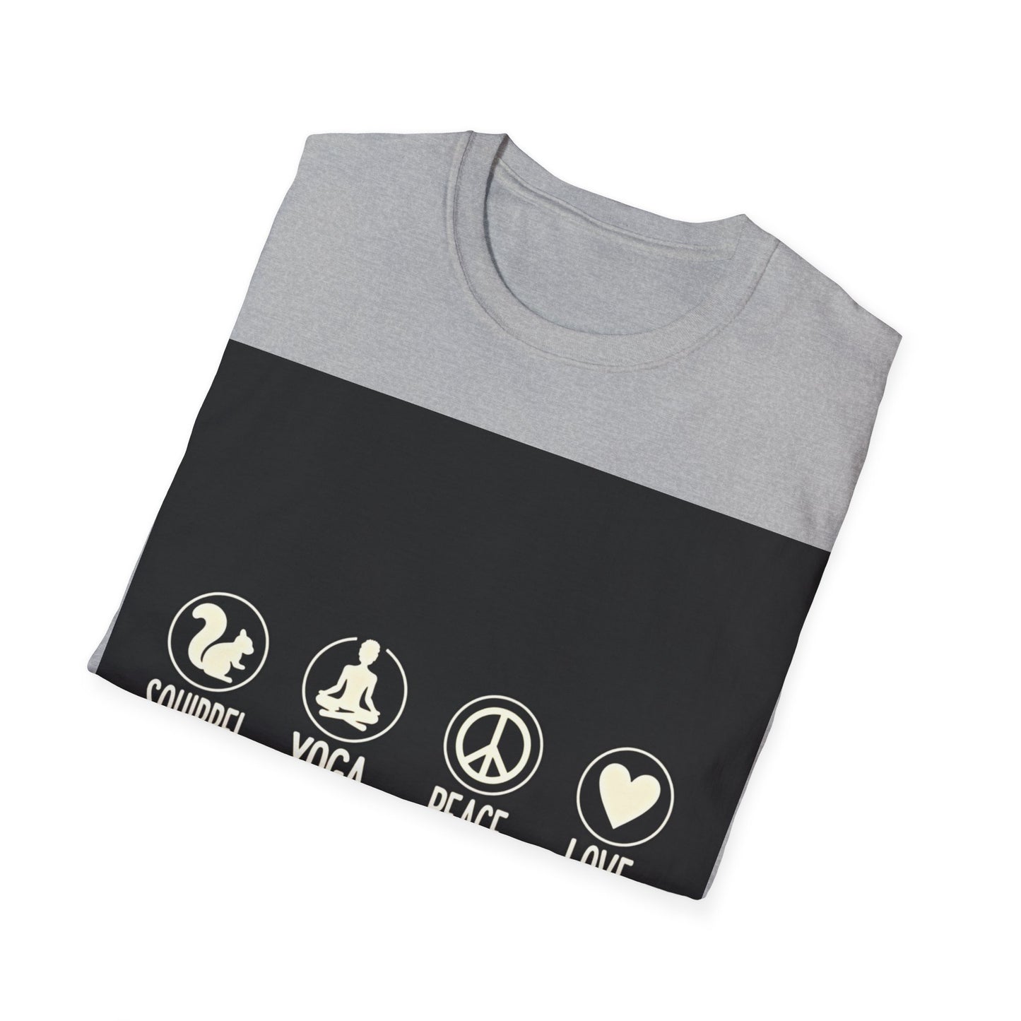 Unisex Softstyle T-Shirt with Squirrel Yoga, Peace and Love Design - Perfect for Gift, Yoga Enthusiasts, Casual Wear, Eco-Friendly Fashion