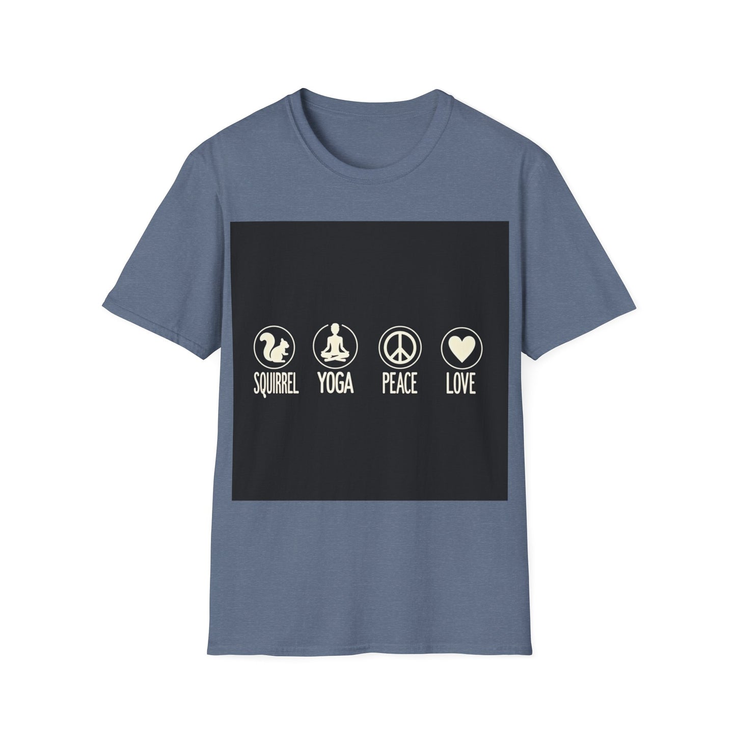 Unisex Softstyle T-Shirt with Squirrel Yoga, Peace and Love Design - Perfect for Gift, Yoga Enthusiasts, Casual Wear, Eco-Friendly Fashion