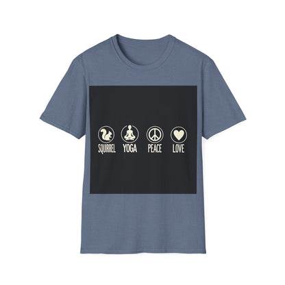 Unisex Softstyle T-Shirt with Squirrel Yoga, Peace and Love Design - Perfect for Gift, Yoga Enthusiasts, Casual Wear, Eco-Friendly Fashion