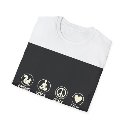 Unisex Softstyle T-Shirt with Squirrel Yoga, Peace and Love Design - Perfect for Gift, Yoga Enthusiasts, Casual Wear, Eco-Friendly Fashion