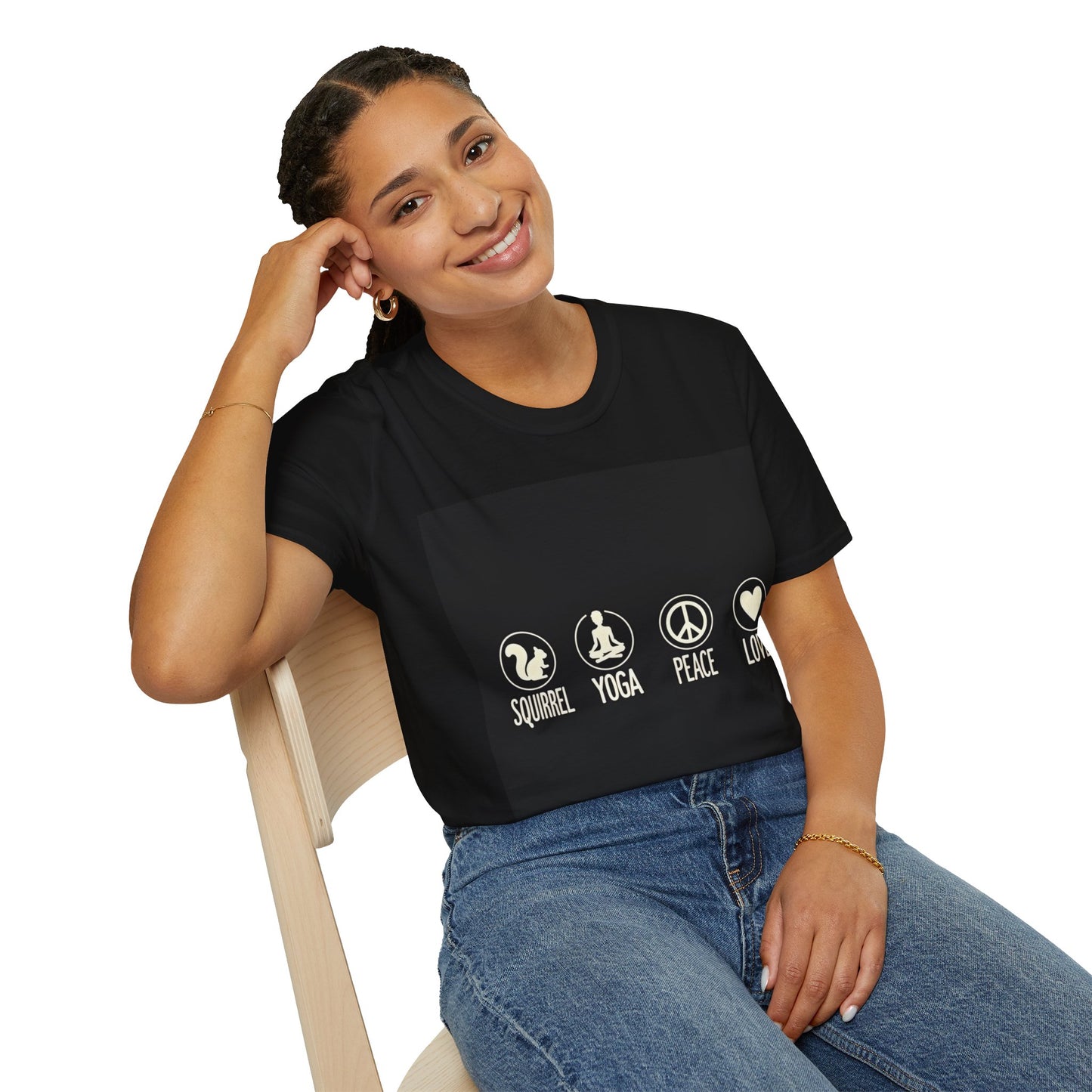 Unisex Softstyle T-Shirt with Squirrel Yoga, Peace and Love Design - Perfect for Gift, Yoga Enthusiasts, Casual Wear, Eco-Friendly Fashion