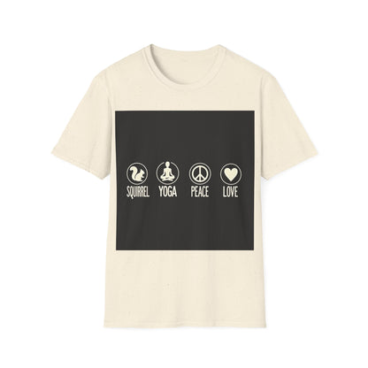 Unisex Softstyle T-Shirt with Squirrel Yoga, Peace and Love Design - Perfect for Gift, Yoga Enthusiasts, Casual Wear, Eco-Friendly Fashion