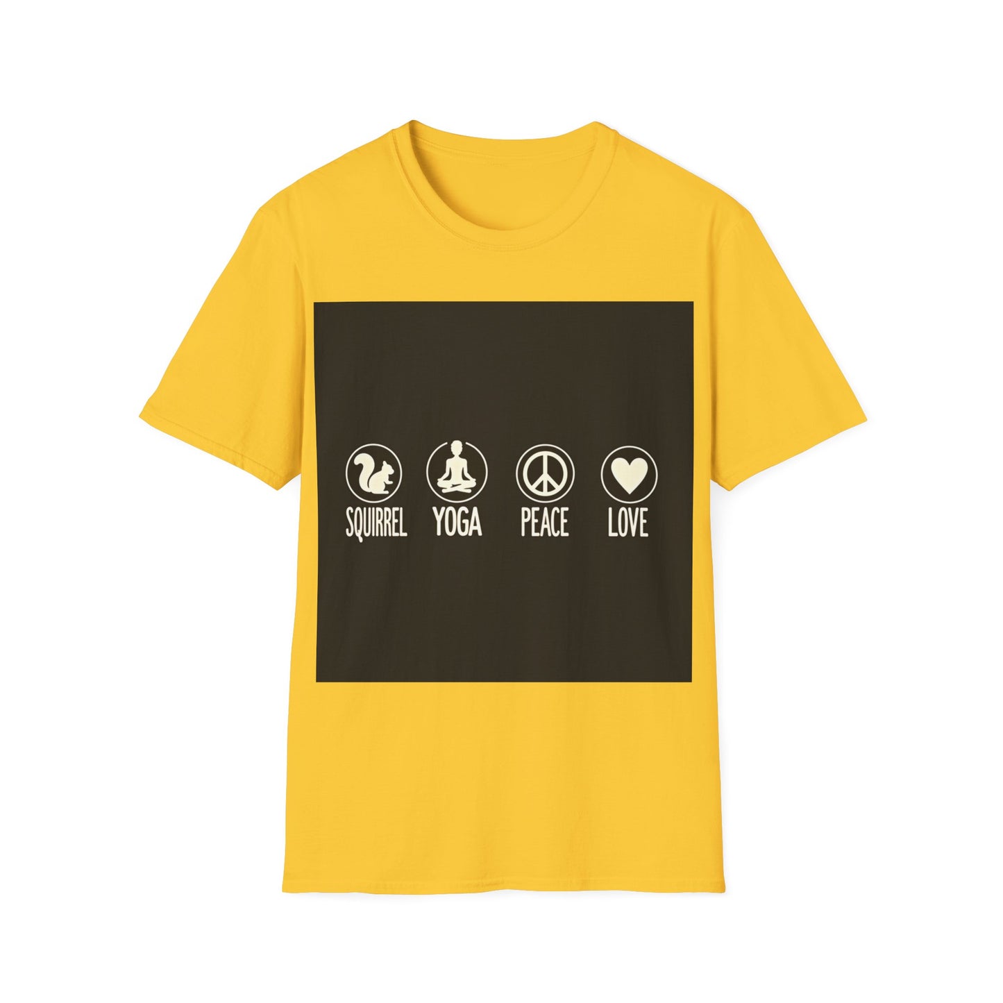Unisex Softstyle T-Shirt with Squirrel Yoga, Peace and Love Design - Perfect for Gift, Yoga Enthusiasts, Casual Wear, Eco-Friendly Fashion