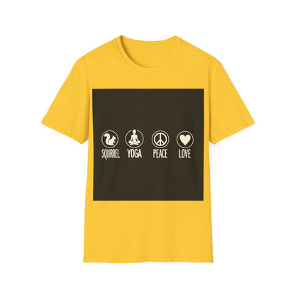 Unisex Softstyle T-Shirt with Squirrel Yoga, Peace and Love Design - Perfect for Gift, Yoga Enthusiasts, Casual Wear, Eco-Friendly Fashion
