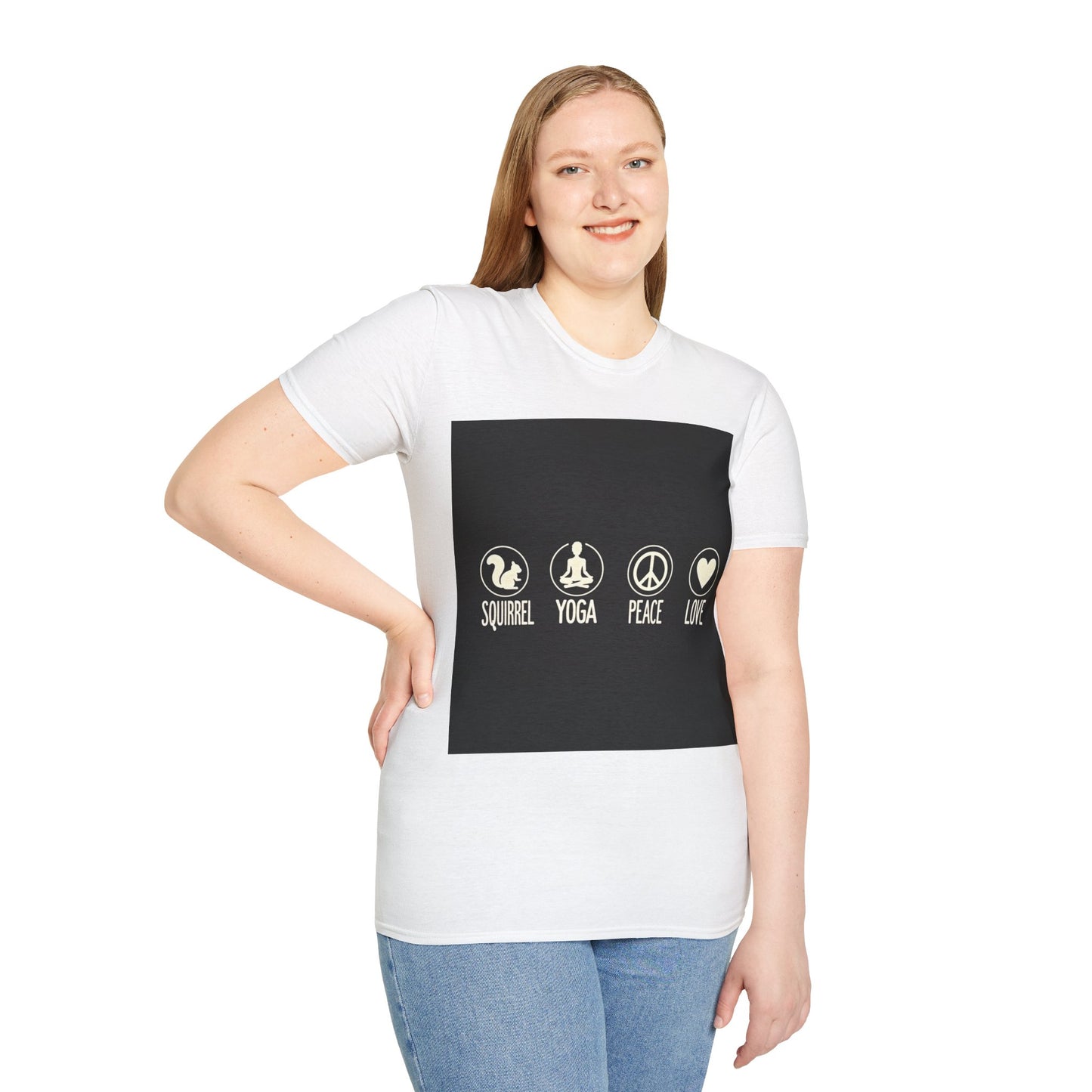 Unisex Softstyle T-Shirt with Squirrel Yoga, Peace and Love Design - Perfect for Gift, Yoga Enthusiasts, Casual Wear, Eco-Friendly Fashion