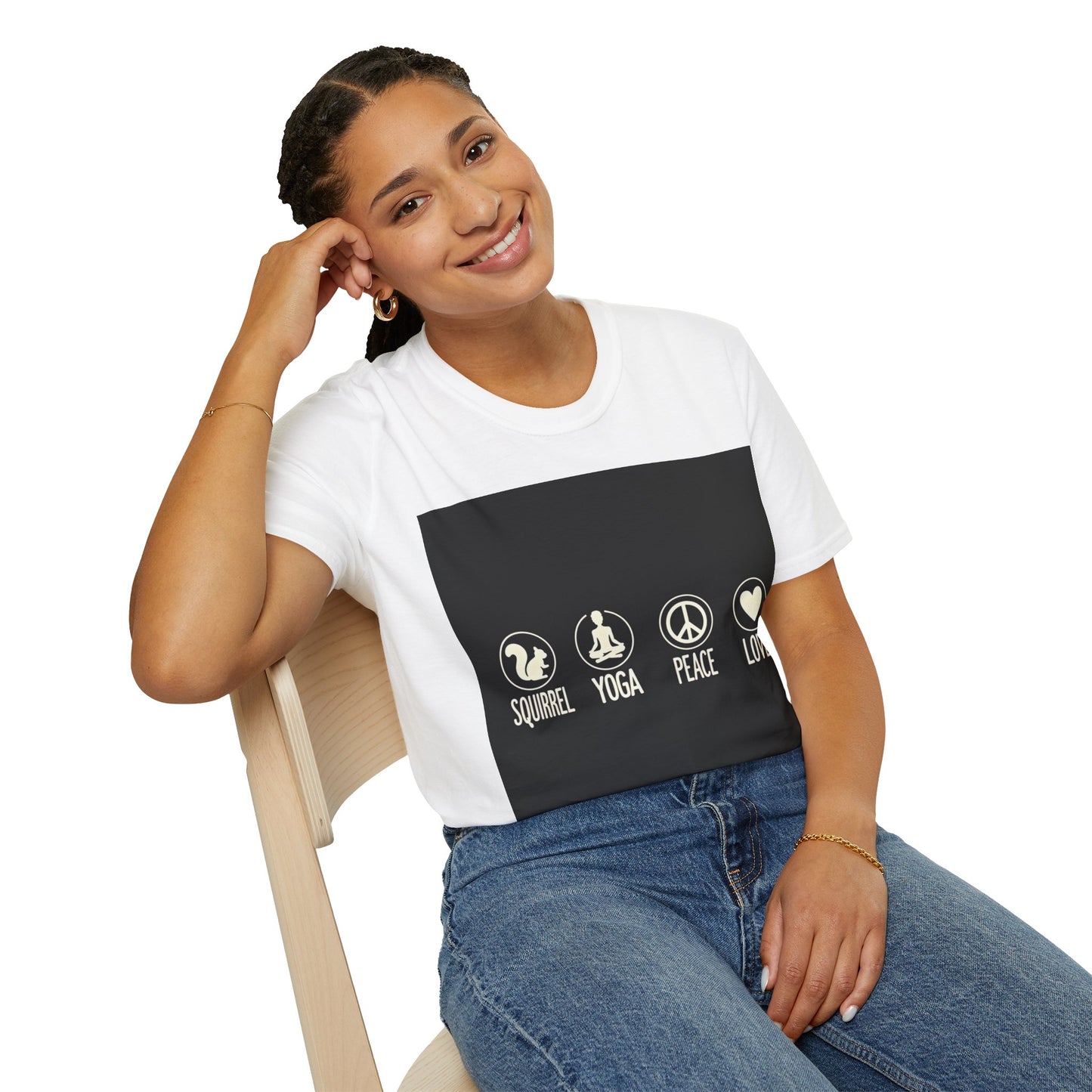 Unisex Softstyle T-Shirt with Squirrel Yoga, Peace and Love Design - Perfect for Gift, Yoga Enthusiasts, Casual Wear, Eco-Friendly Fashion