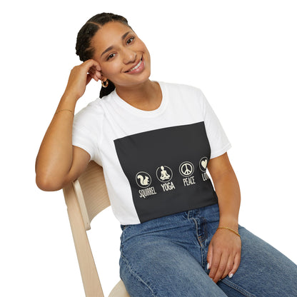 Unisex Softstyle T-Shirt with Squirrel Yoga, Peace and Love Design - Perfect for Gift, Yoga Enthusiasts, Casual Wear, Eco-Friendly Fashion