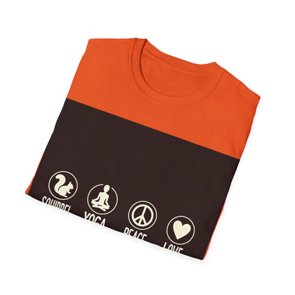 Unisex Softstyle T-Shirt with Squirrel Yoga, Peace and Love Design - Perfect for Gift, Yoga Enthusiasts, Casual Wear, Eco-Friendly Fashion
