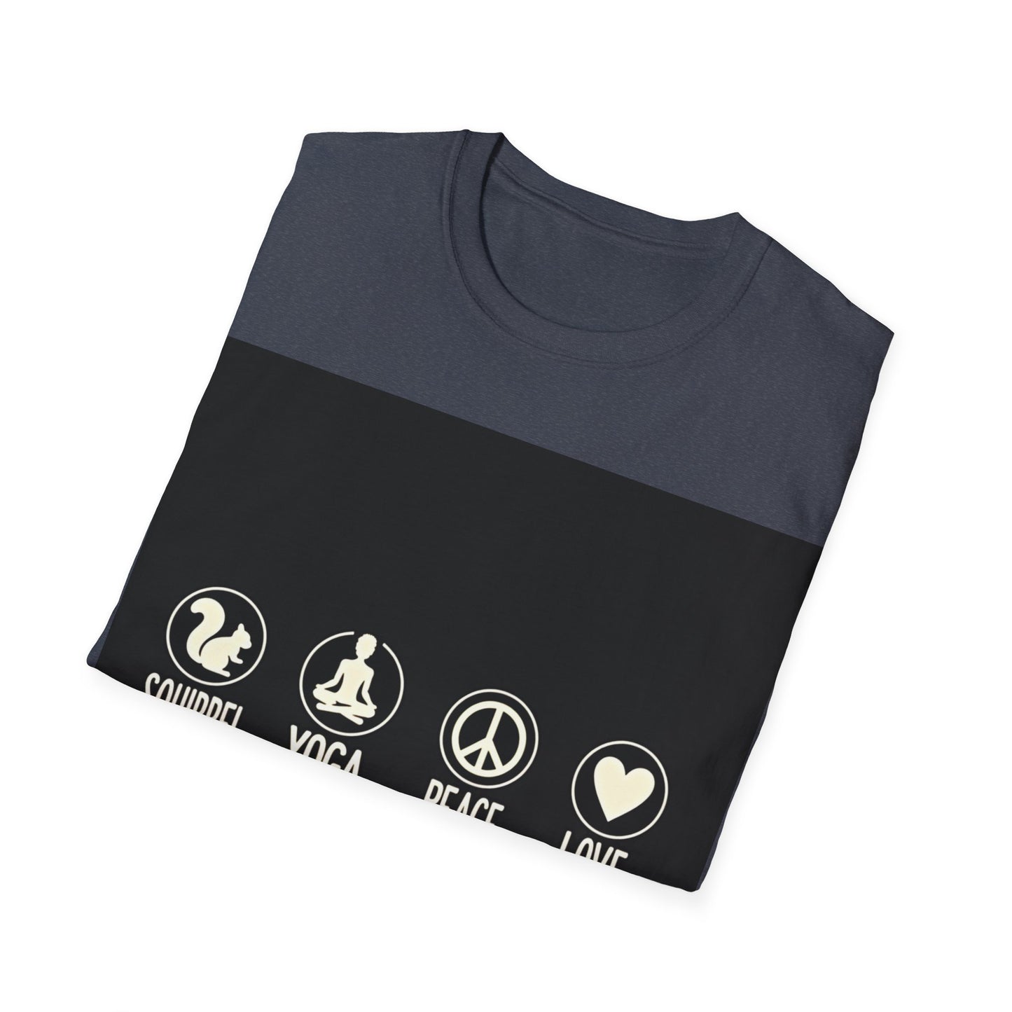 Unisex Softstyle T-Shirt with Squirrel Yoga, Peace and Love Design - Perfect for Gift, Yoga Enthusiasts, Casual Wear, Eco-Friendly Fashion
