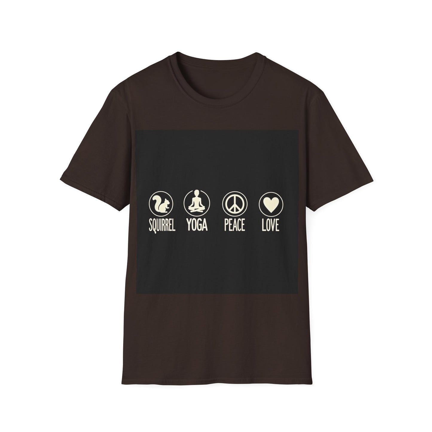 Unisex Softstyle T-Shirt with Squirrel Yoga, Peace and Love Design - Perfect for Gift, Yoga Enthusiasts, Casual Wear, Eco-Friendly Fashion