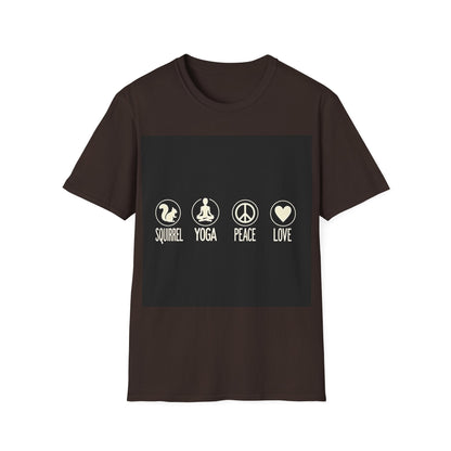 Unisex Softstyle T-Shirt with Squirrel Yoga, Peace and Love Design - Perfect for Gift, Yoga Enthusiasts, Casual Wear, Eco-Friendly Fashion