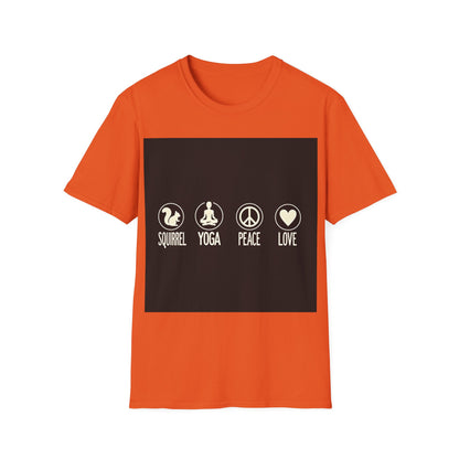 Unisex Softstyle T-Shirt with Squirrel Yoga, Peace and Love Design - Perfect for Gift, Yoga Enthusiasts, Casual Wear, Eco-Friendly Fashion
