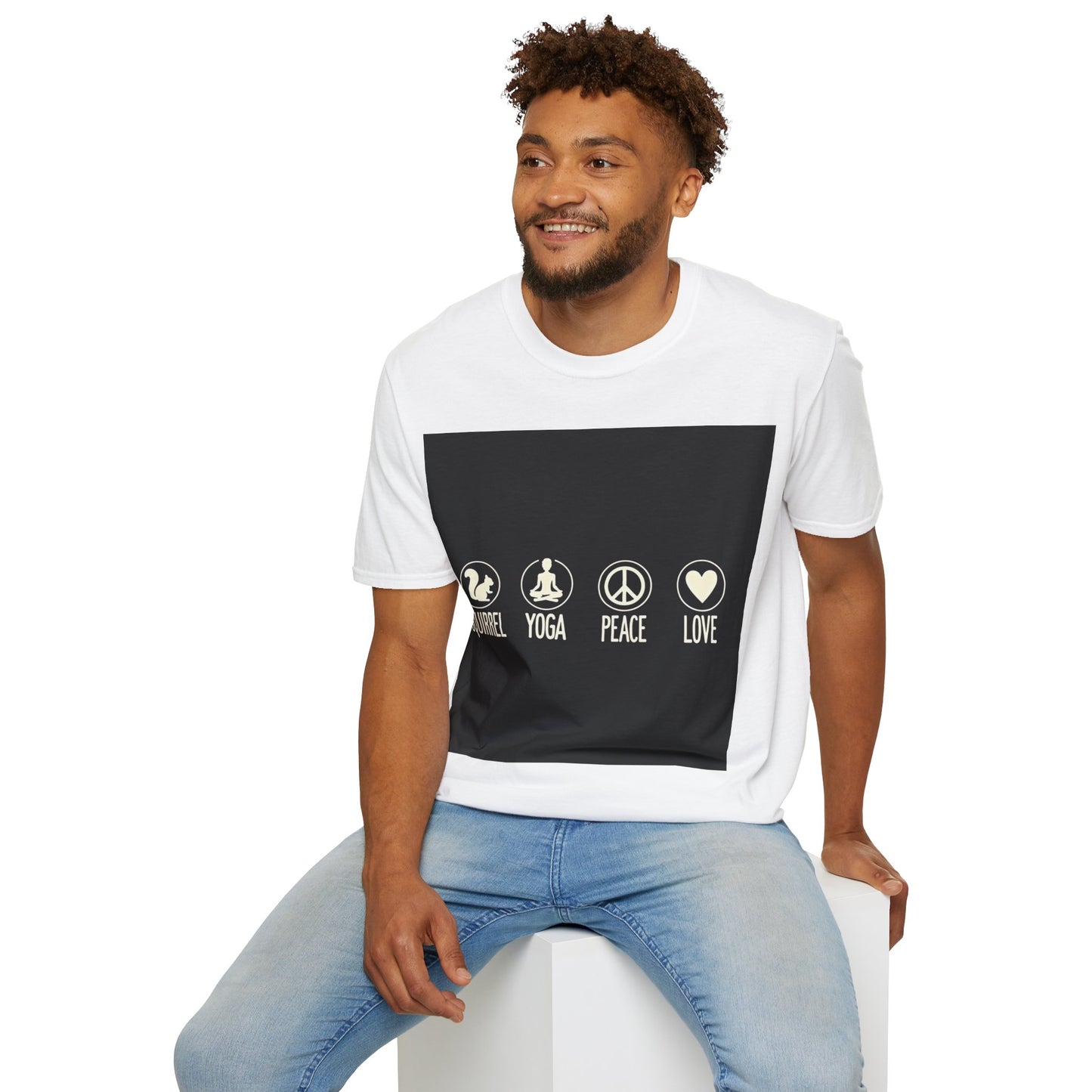 Unisex Softstyle T-Shirt with Squirrel Yoga, Peace and Love Design - Perfect for Gift, Yoga Enthusiasts, Casual Wear, Eco-Friendly Fashion
