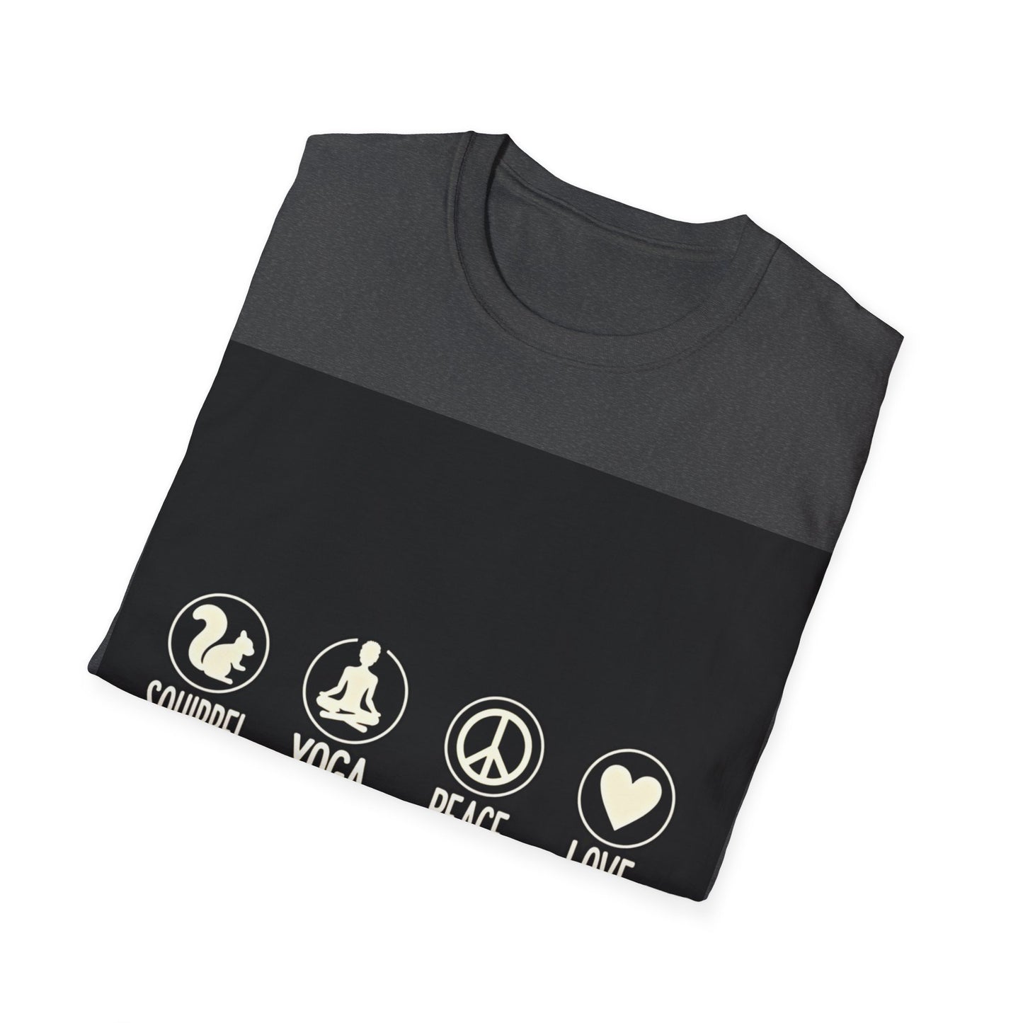 Unisex Softstyle T-Shirt with Squirrel Yoga, Peace and Love Design - Perfect for Gift, Yoga Enthusiasts, Casual Wear, Eco-Friendly Fashion