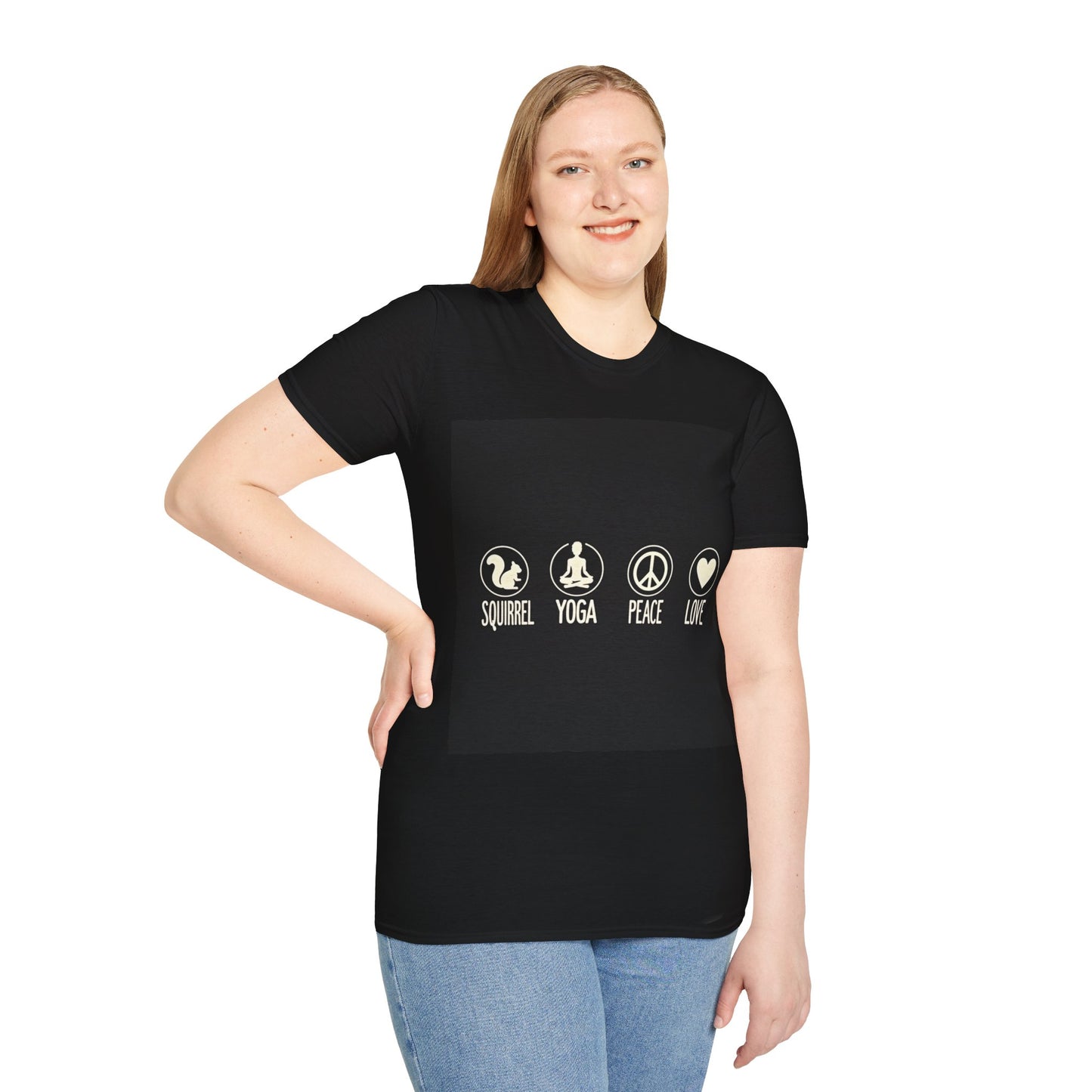 Unisex Softstyle T-Shirt with Squirrel Yoga, Peace and Love Design - Perfect for Gift, Yoga Enthusiasts, Casual Wear, Eco-Friendly Fashion