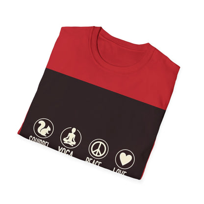 Unisex Softstyle T-Shirt with Squirrel Yoga, Peace and Love Design - Perfect for Gift, Yoga Enthusiasts, Casual Wear, Eco-Friendly Fashion