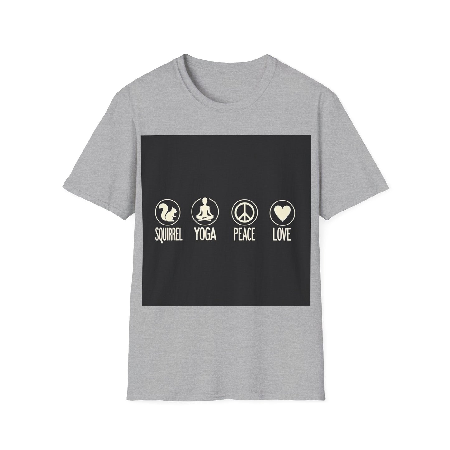Unisex Softstyle T-Shirt with Squirrel Yoga, Peace and Love Design - Perfect for Gift, Yoga Enthusiasts, Casual Wear, Eco-Friendly Fashion