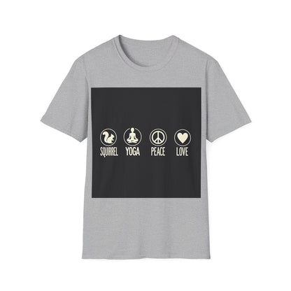 Unisex Softstyle T-Shirt with Squirrel Yoga, Peace and Love Design - Perfect for Gift, Yoga Enthusiasts, Casual Wear, Eco-Friendly Fashion