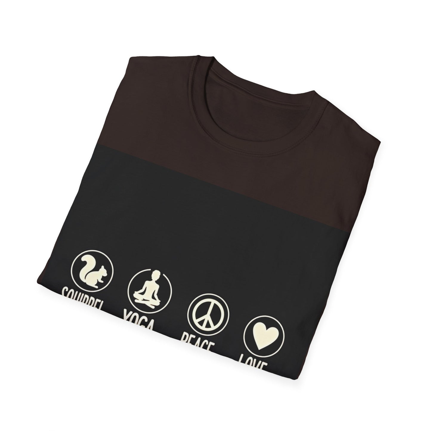 Unisex Softstyle T-Shirt with Squirrel Yoga, Peace and Love Design - Perfect for Gift, Yoga Enthusiasts, Casual Wear, Eco-Friendly Fashion