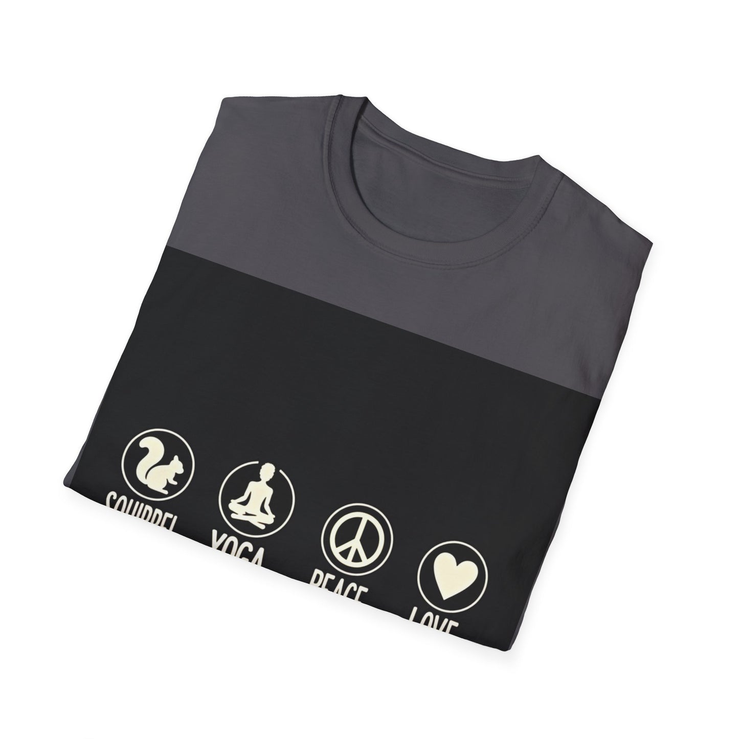 Unisex Softstyle T-Shirt with Squirrel Yoga, Peace and Love Design - Perfect for Gift, Yoga Enthusiasts, Casual Wear, Eco-Friendly Fashion