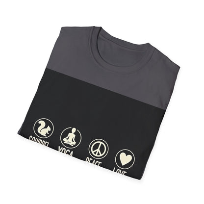 Unisex Softstyle T-Shirt with Squirrel Yoga, Peace and Love Design - Perfect for Gift, Yoga Enthusiasts, Casual Wear, Eco-Friendly Fashion