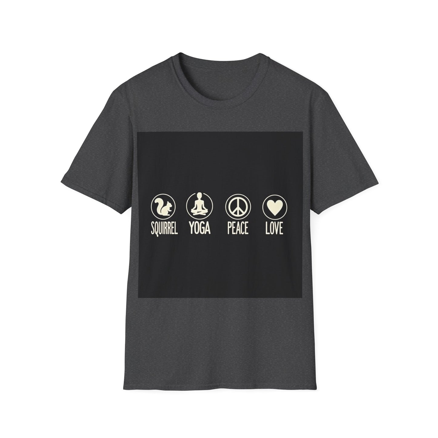Unisex Softstyle T-Shirt with Squirrel Yoga, Peace and Love Design - Perfect for Gift, Yoga Enthusiasts, Casual Wear, Eco-Friendly Fashion