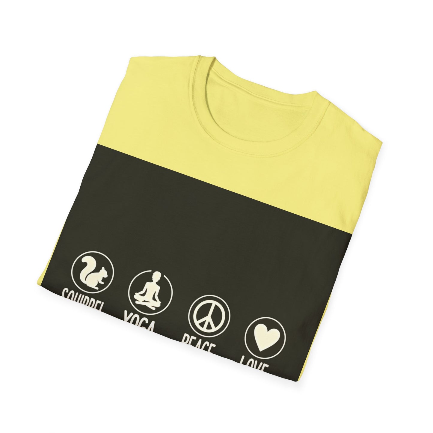 Unisex Softstyle T-Shirt with Squirrel Yoga, Peace and Love Design - Perfect for Gift, Yoga Enthusiasts, Casual Wear, Eco-Friendly Fashion