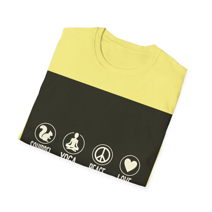 Unisex Softstyle T-Shirt with Squirrel Yoga, Peace and Love Design - Perfect for Gift, Yoga Enthusiasts, Casual Wear, Eco-Friendly Fashion
