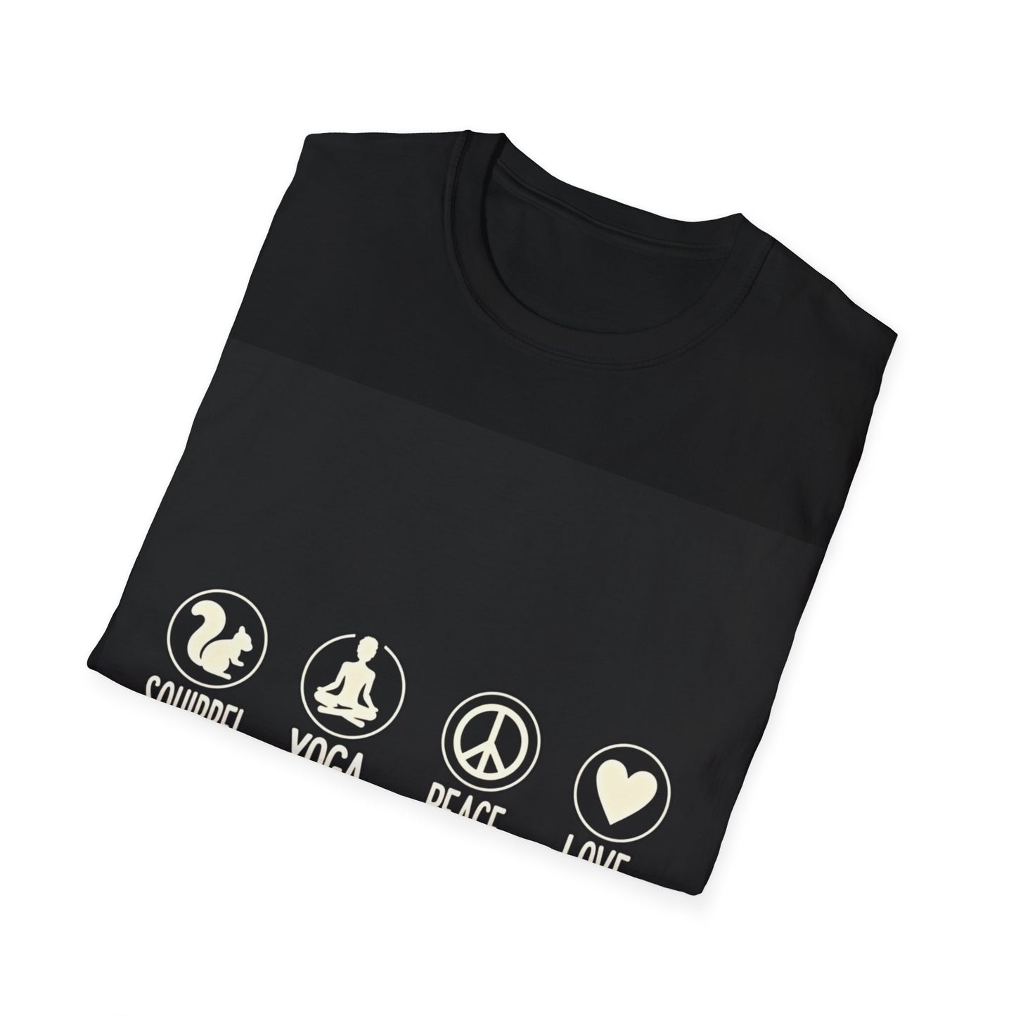 Unisex Softstyle T-Shirt with Squirrel Yoga, Peace and Love Design - Perfect for Gift, Yoga Enthusiasts, Casual Wear, Eco-Friendly Fashion