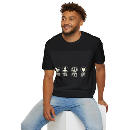 Unisex Softstyle T-Shirt with Squirrel Yoga, Peace and Love Design - Perfect for Gift, Yoga Enthusiasts, Casual Wear, Eco-Friendly Fashion