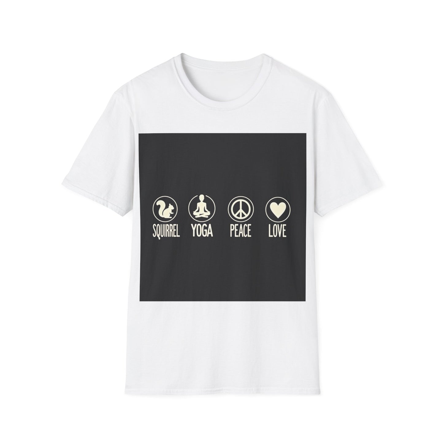 Unisex Softstyle T-Shirt with Squirrel Yoga, Peace and Love Design - Perfect for Gift, Yoga Enthusiasts, Casual Wear, Eco-Friendly Fashion