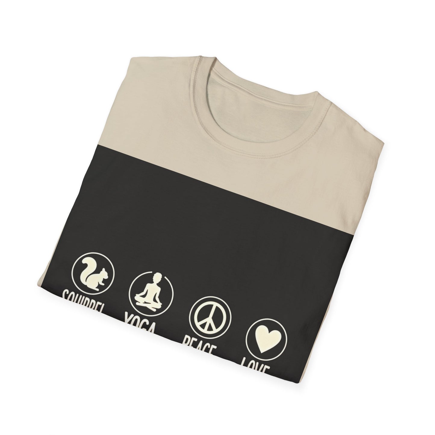 Unisex Softstyle T-Shirt with Squirrel Yoga, Peace and Love Design - Perfect for Gift, Yoga Enthusiasts, Casual Wear, Eco-Friendly Fashion