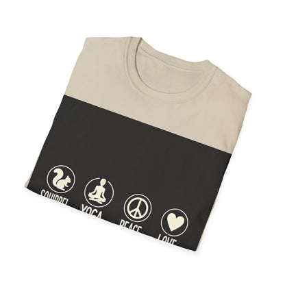 Unisex Softstyle T-Shirt with Squirrel Yoga, Peace and Love Design - Perfect for Gift, Yoga Enthusiasts, Casual Wear, Eco-Friendly Fashion