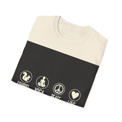 Unisex Softstyle T-Shirt with Squirrel Yoga, Peace and Love Design - Perfect for Gift, Yoga Enthusiasts, Casual Wear, Eco-Friendly Fashion